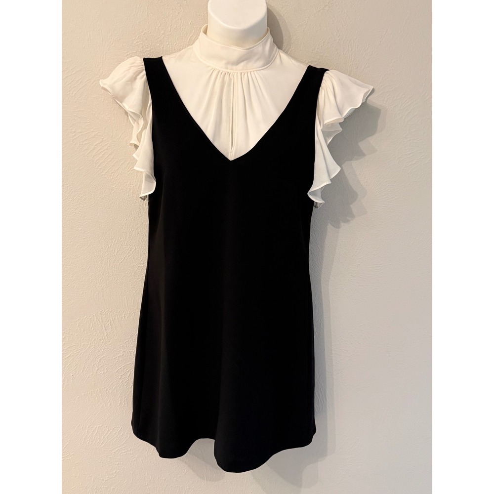 Cinq a Sept Rei Size 8 Black Ivory Ruffle Sleeve Mock Neck Silk Lined Mini Dress